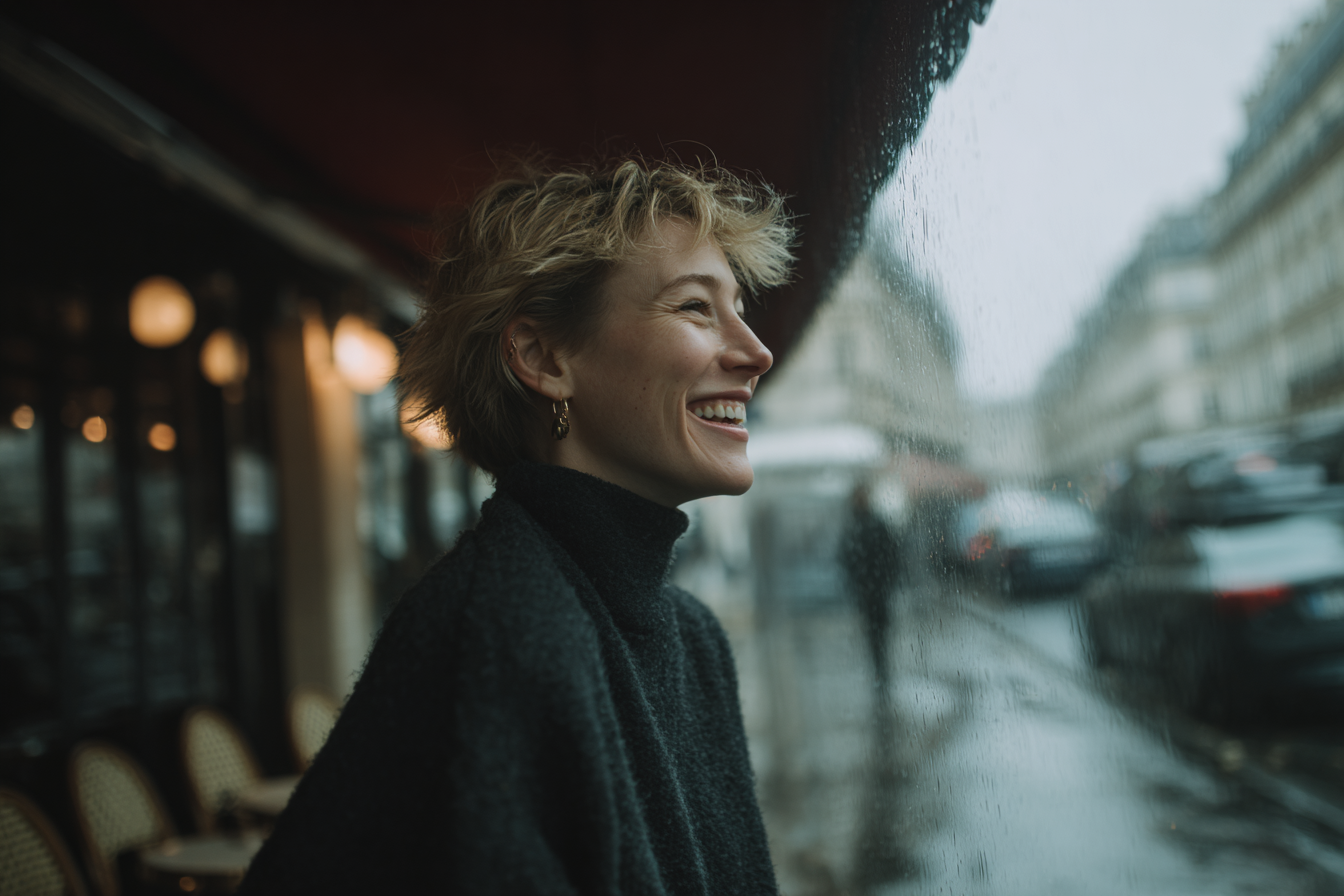 A imagem captura uma mulher sorrindo enquanto observa a chuva através de uma janela. Ela usa um suéter escuro que contrasta com o ambiente iluminado ao fundo. As gotas de água na janela criam um efeito de suavização, emoldurando seu rosto alegre e expressivo.